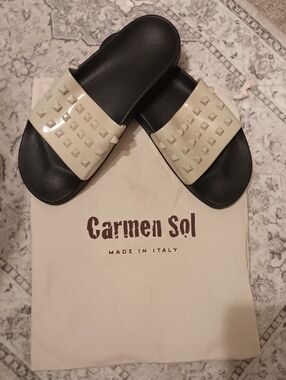 Carmen Sol Franco Studded Slide Sandals in Black & Beige Made In Italy